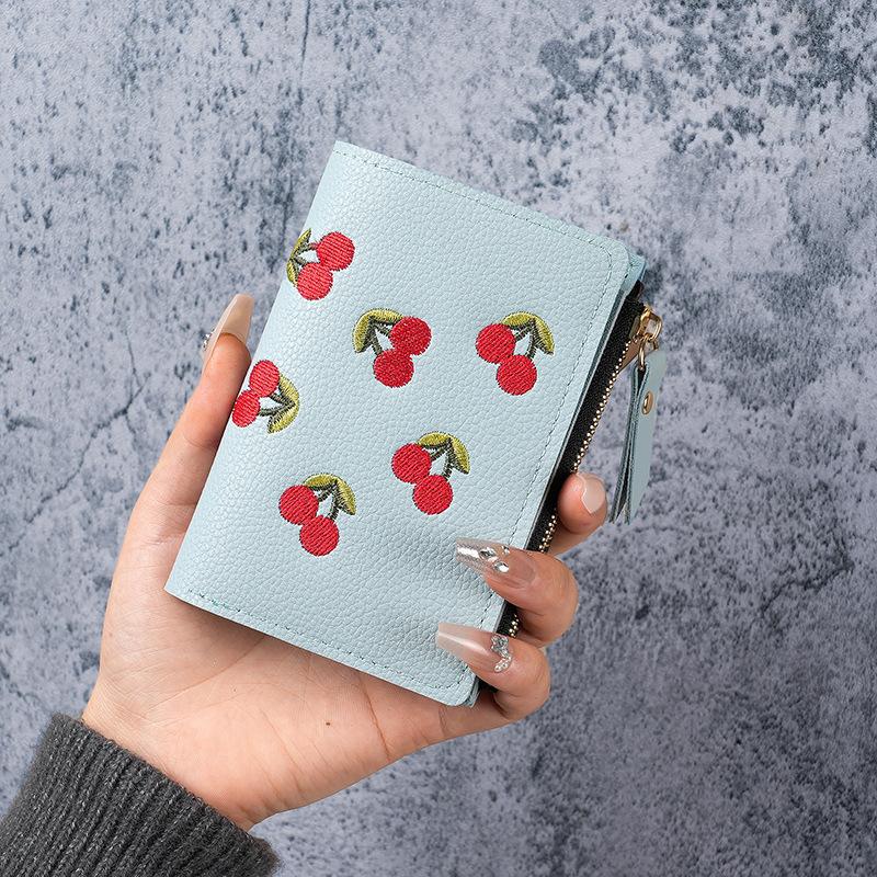 Cute Cherry Embroidered Small Short Wallet Simple Wallet Girls Multi-Cards Holder Coin Zipper Purse for Women