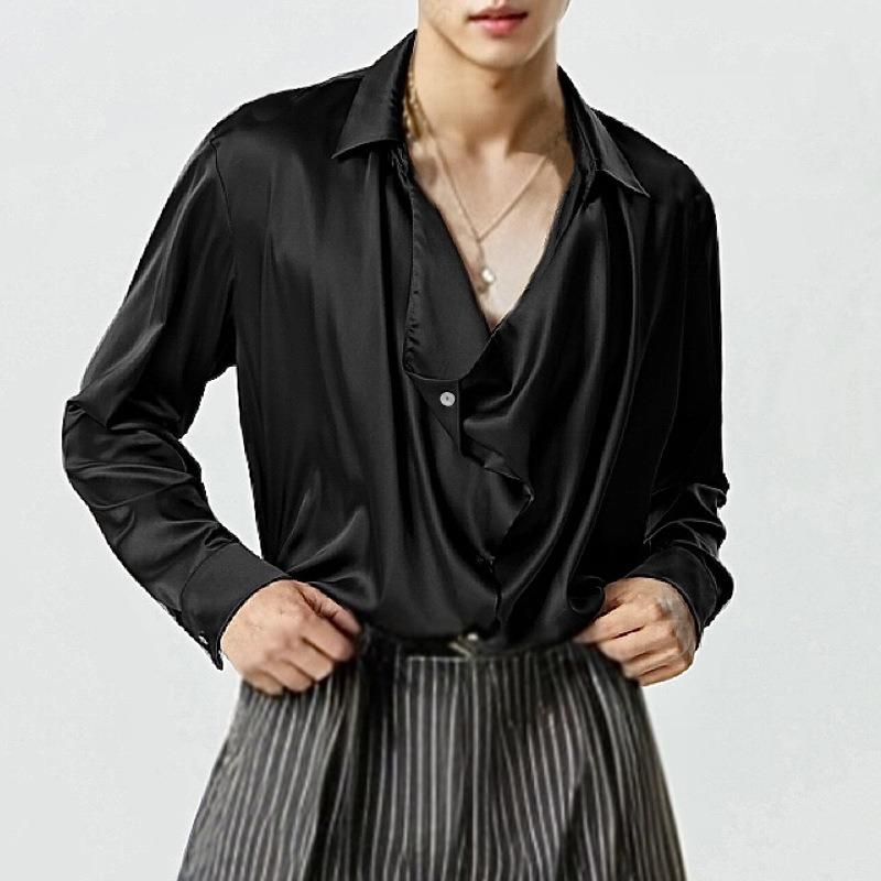 Autumn French-style Men's Lightweight Silk Shirt Commuting Flared Collar Long-sleeved Casual Loose-fit Shirt