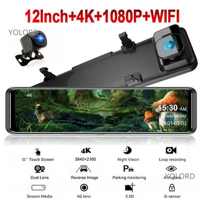 4K 2160P Ultra HD 3840*2160P Car DVR Camera WIFI App 12 Inch Mirror Rear View Dash Cam Video Recorder Dual Cam Front And Rear