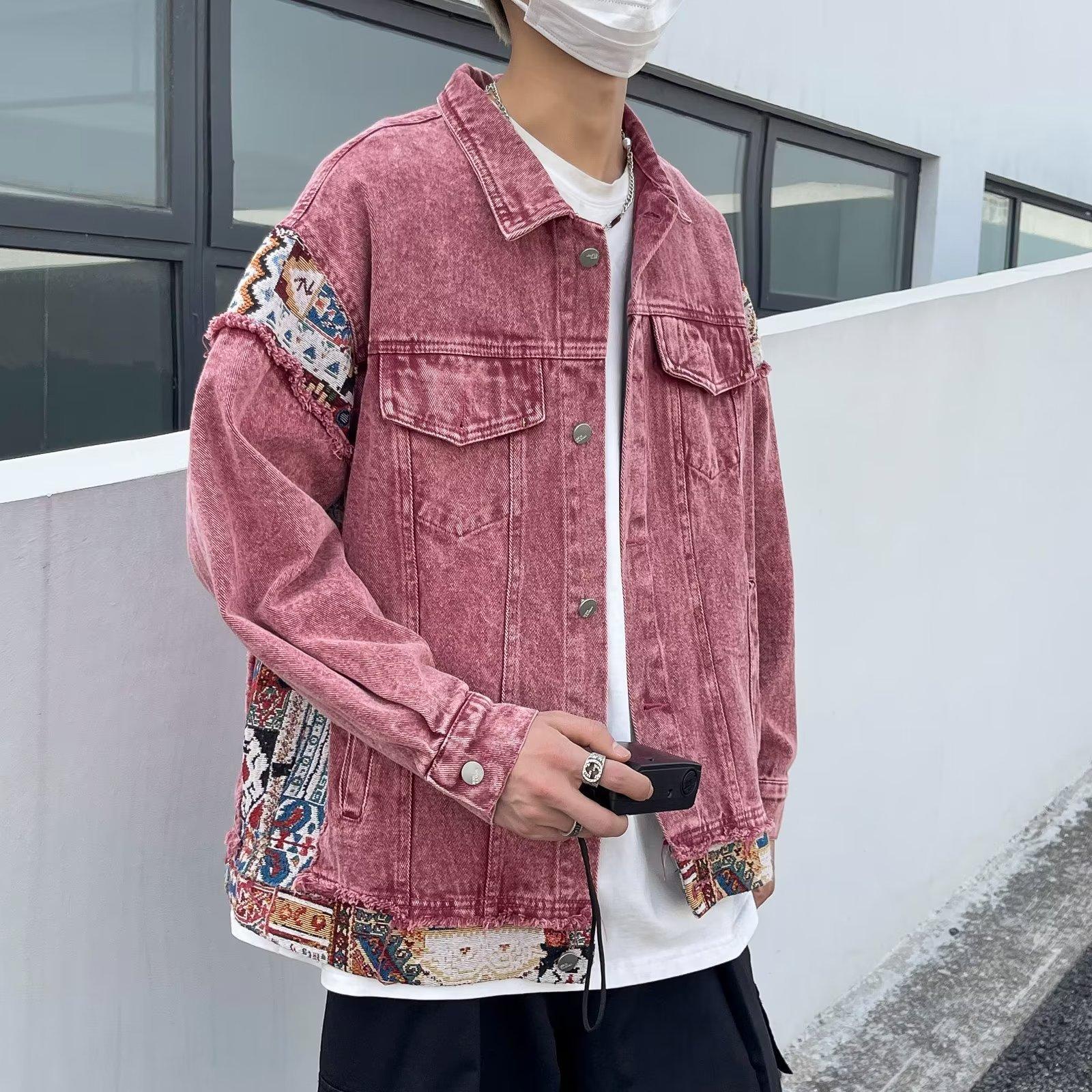 

Guochao Retro High Street стираная джинсовая куртка мужская хип-хоп американская куртка свободная пара 2XL розовый