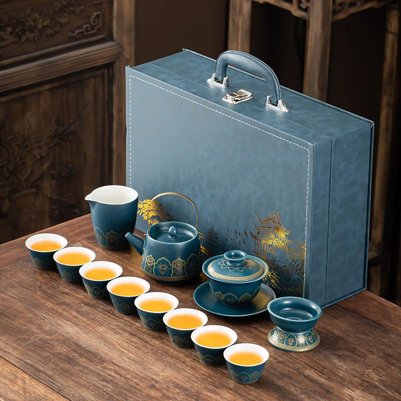 Kung Fu tea set light luxury set blue ancient rhyme full set of tea making guest home office teapot teacup
