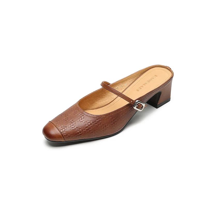 Fashion 2025 NEW Summer Women Mules Genuine Leather Women Shoes Square Toe Chunky Heel Cover Toe Slingback Sandals Modern Slippers