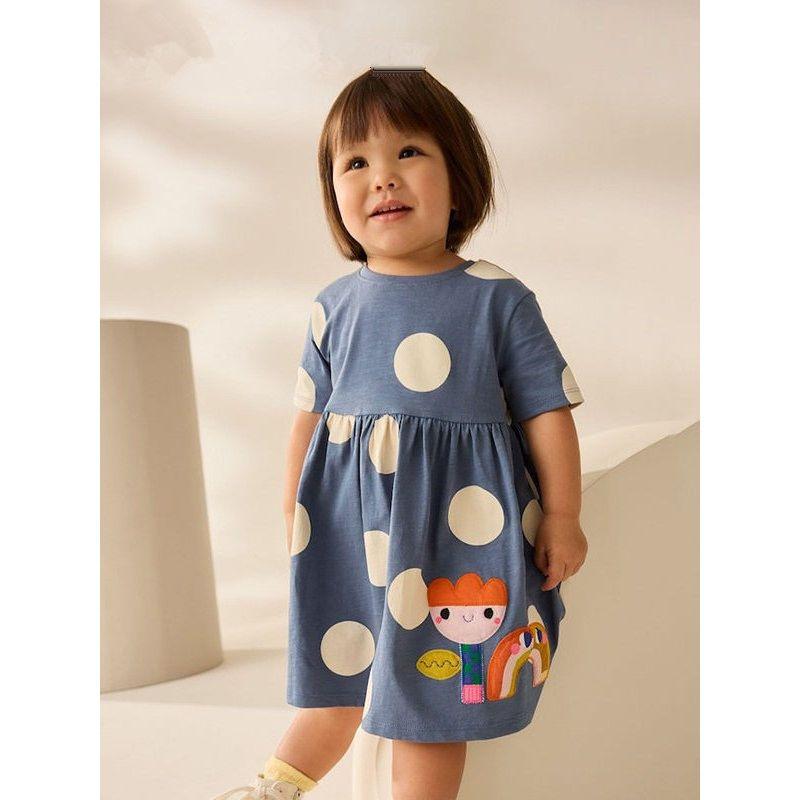 British Style Girls' Dress Summer New Children's Short-Sleeved Dress Cartoon Polka Dot Baby Knitted Dress Beach Dress