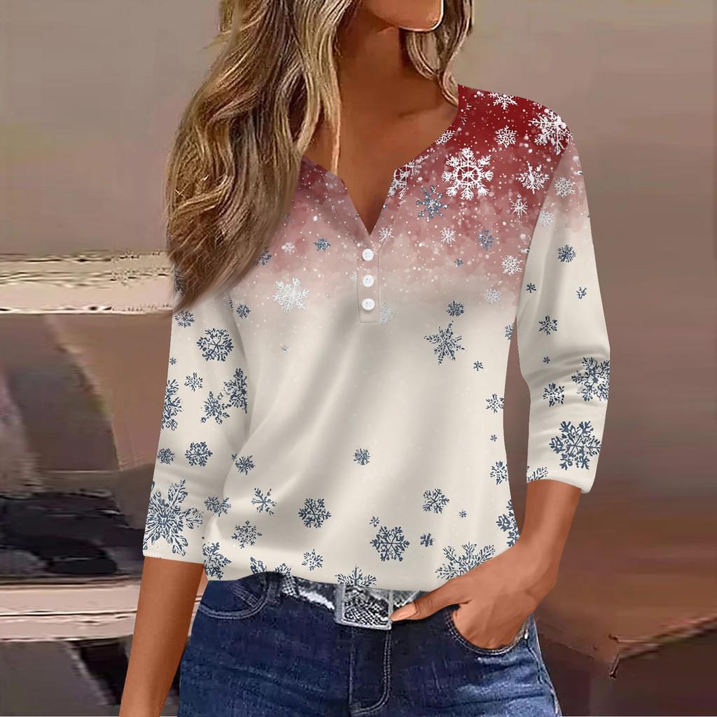 Women's Fashion Casual Christmas Tree Print V-Neck Decorative Button Three-Quarter Sleeve T-Shirt Top