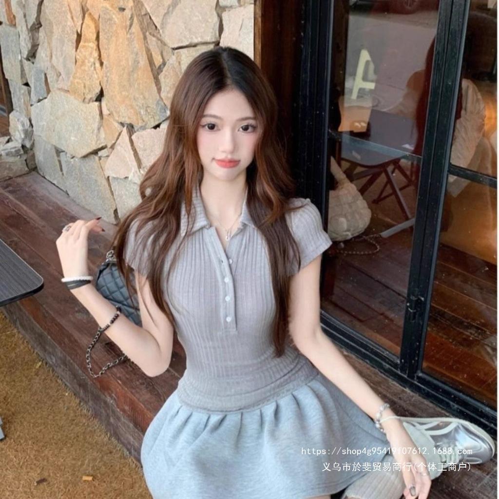 Collar short-sleeved temperament dress for women's spring pure desire, new waist-closed characters, thin and fluffy small short skirt