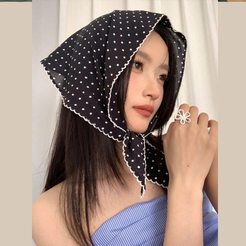 1PC Triangle Silk Scarf Women's Summer Fashion Versatile Thin Neck Scarf Sweet Polka Dot Triangle Headscarf Headwrap Headwear
