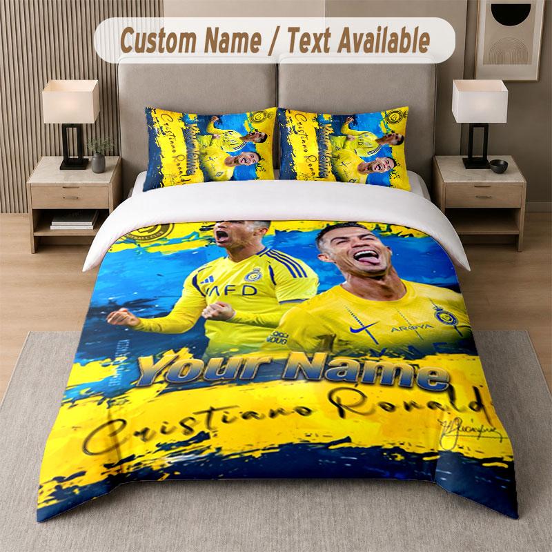 Set Biancheria da Letto Personalizzato Modello Cristiano Ronaldo, Stampa Nome Testo 1 Copripiumino più 2 Federe Tessile per la Casa