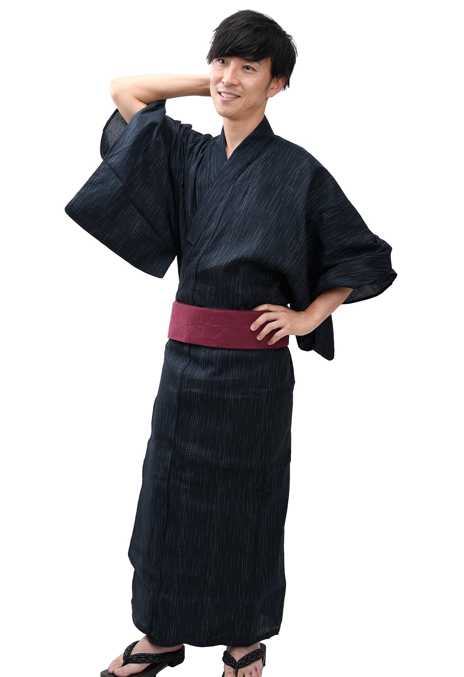 

Yukata Shijira Weave Набор из 2 предметов Черный Kasuri 703 Obi Wine 753 л [Edoten] Мужские