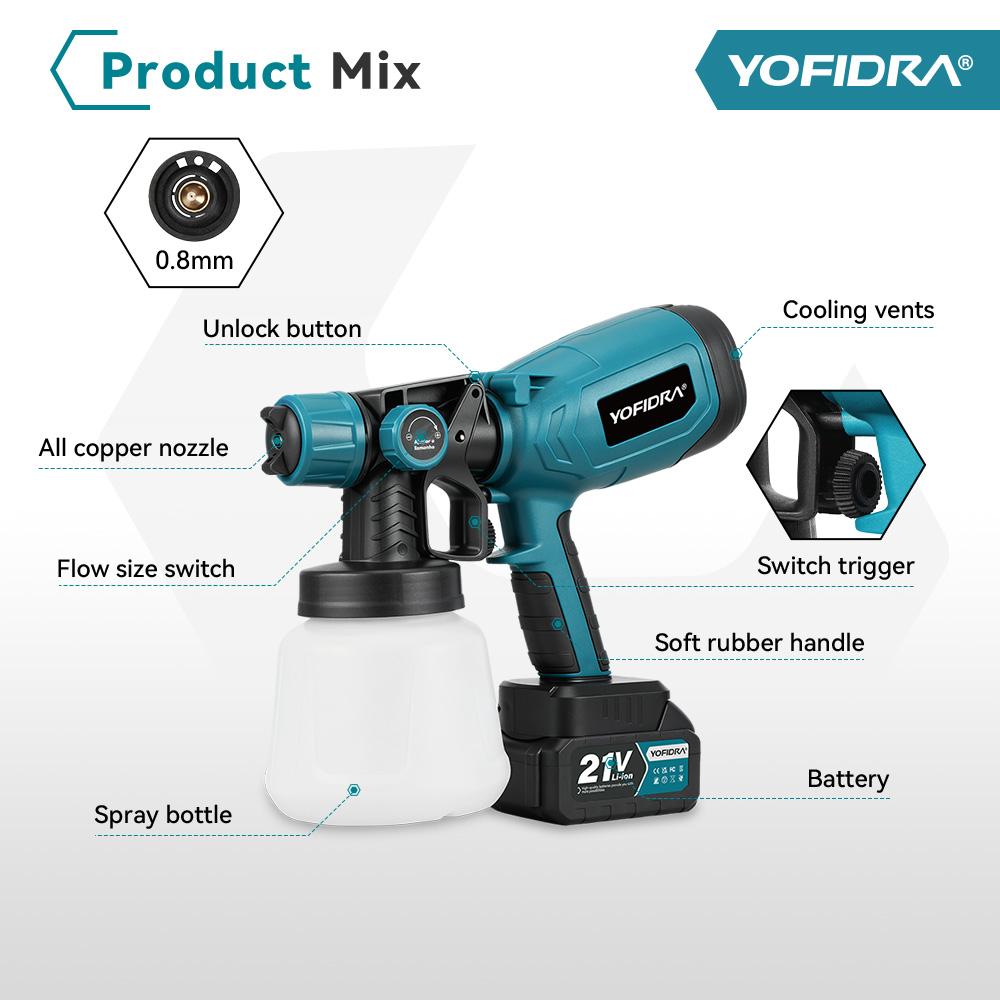 Yofidra 1000ML Electric Spray Paint Gun Home Cordless Sprayer Auto Furniture Steel Coating Airbrush For Makita 21V Battery Pin