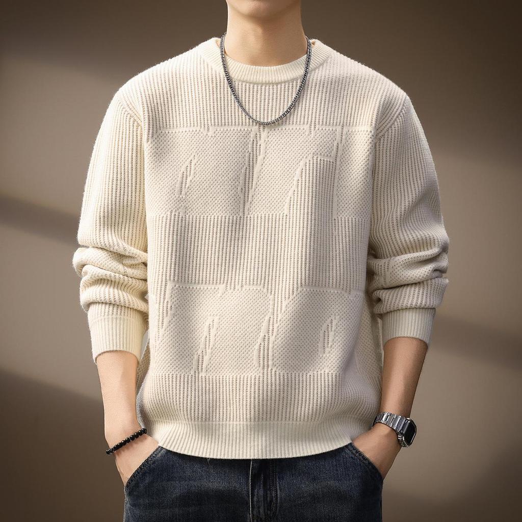 Men's Plus Size Retro Textured Sweater - Thickened Round Neck Pullover for Autumn/Winter
