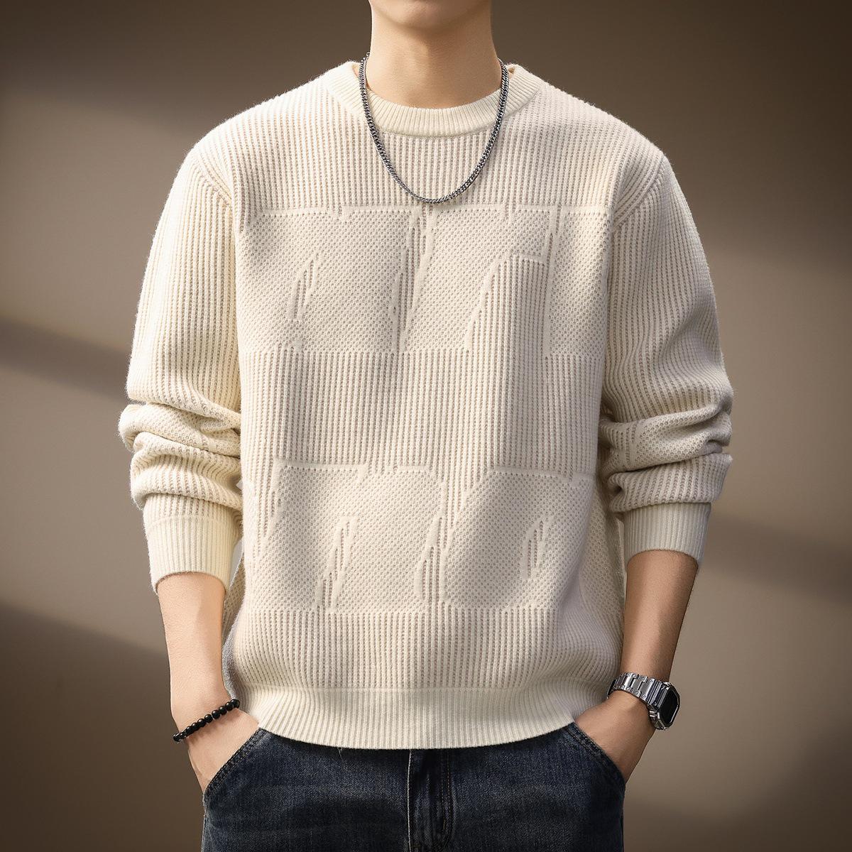 

Men s Plus Size Retro Textured Sweater - Thickened Round Neck Pullover for Autumn/Winter 3XL for 90-100 kg абрикосовий