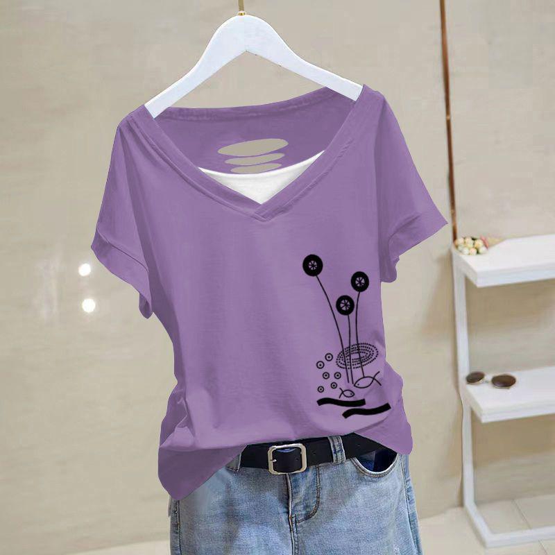 2025 Lato Damski Top Bawełniany z Dekoltem V i Dziurami - Krótki Rękaw