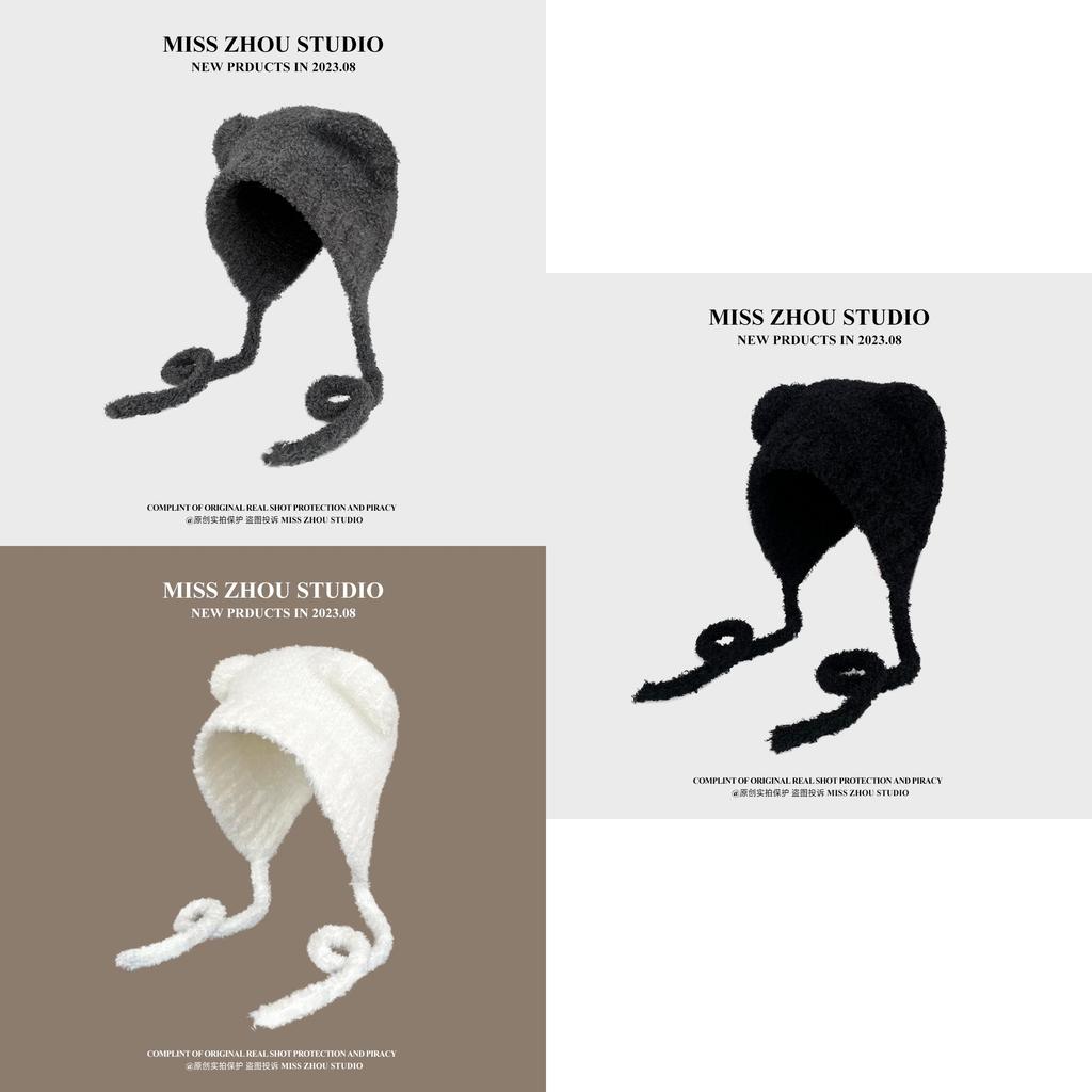 Cute Bear Ear Knit Hat For Women Winter Warm Plush Earmuffs Tie Headband Cap