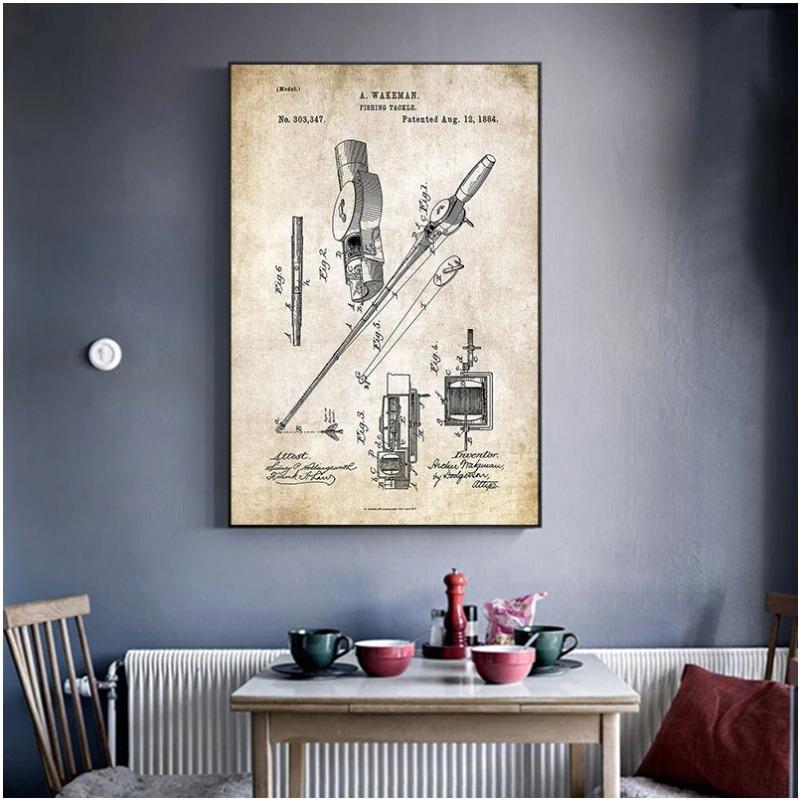 Vintage Fishing Patent Canvas Poster Fishing Tackle Equipment Painting Prints Angling Design Picture Retro Wall Art Decoration