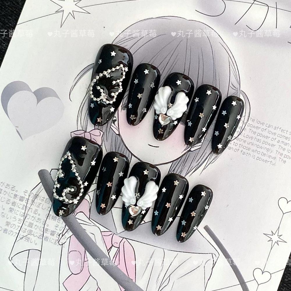 10Pcs Y2K Handmade Press On Nails Short Square Cartoon Stickers Pearl Wings Heart Bow Holiday Gift