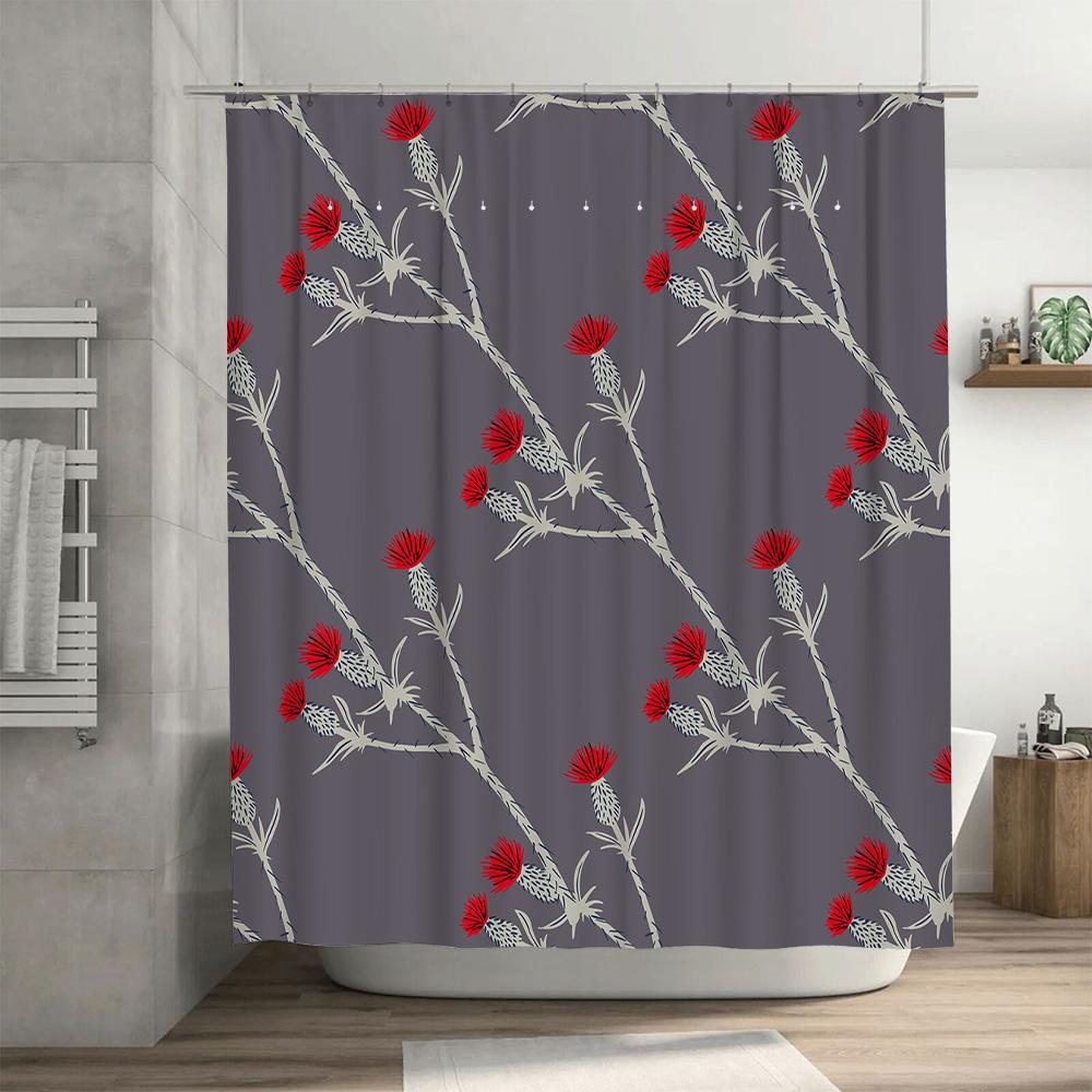 Modern Floral Print Shower Curtain Gray Red Thistle Design for Bathroom Decor Custom Size Available