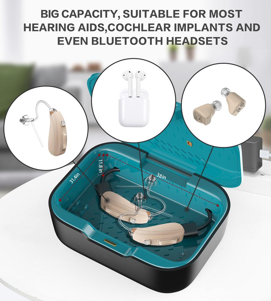 3 In1Uscător de aparate auditive digitale și dispozitiv de curățare și cutie de încărcător Căști Magazin Dezumidificator Carcasă de uscare UV LED cu 2 moduri de sincronizare și temperatură