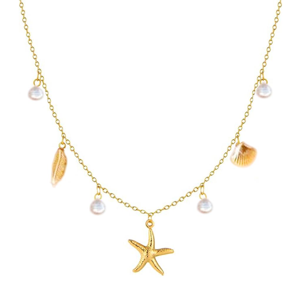Oceanics Inspired Necklace With Pearls Shell Starfish Pendant Stainless Steel Jewelry for Women