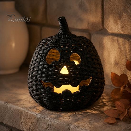 Decoraciones Espeluznantes para Repisa Halloween Cesta de Calabaza de Resina, Linterna Falsa Tejida Adorno, Acentos para el Hogar para Bote de Dulces Negro Decoración de Mesa Regalo de Inauguración