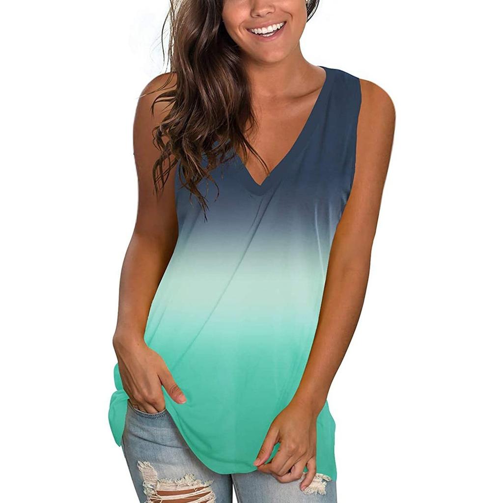 Women's Summer Casual V-Neck Gradient Printed Sleeveless Loose T-Shirt Tank Tops