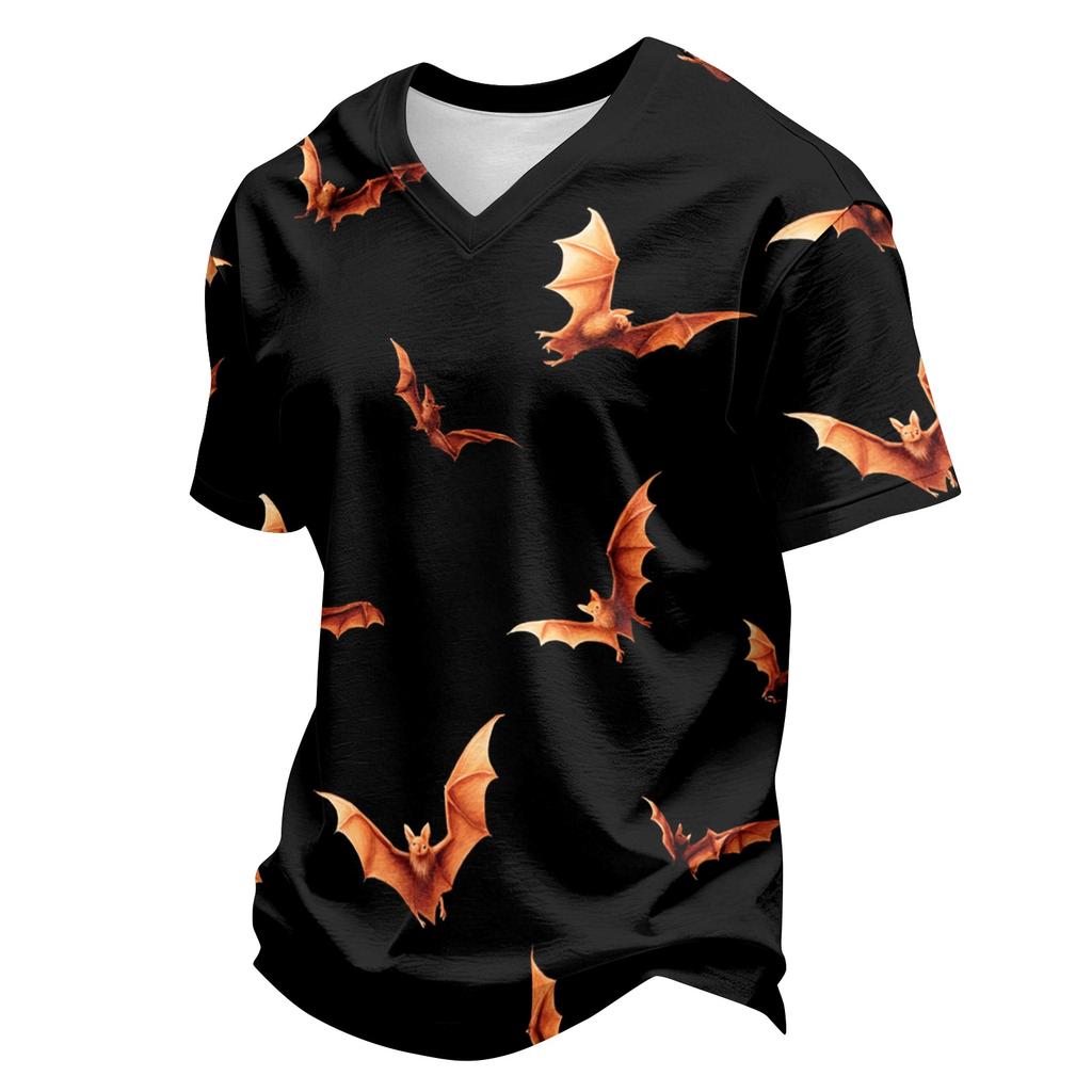 Men's Casual V Neck Lightweight Breathable Short Sleeve Top Halloween Pumpkin Scarecrow Print Summer Tee Shirt for Everyday Wear