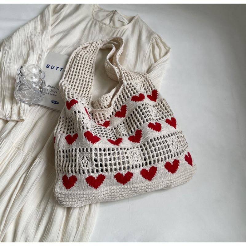 New women s love hollow bag knitted bag ins shopping bag large capacity tote bag beach bag women s bag бежевый
