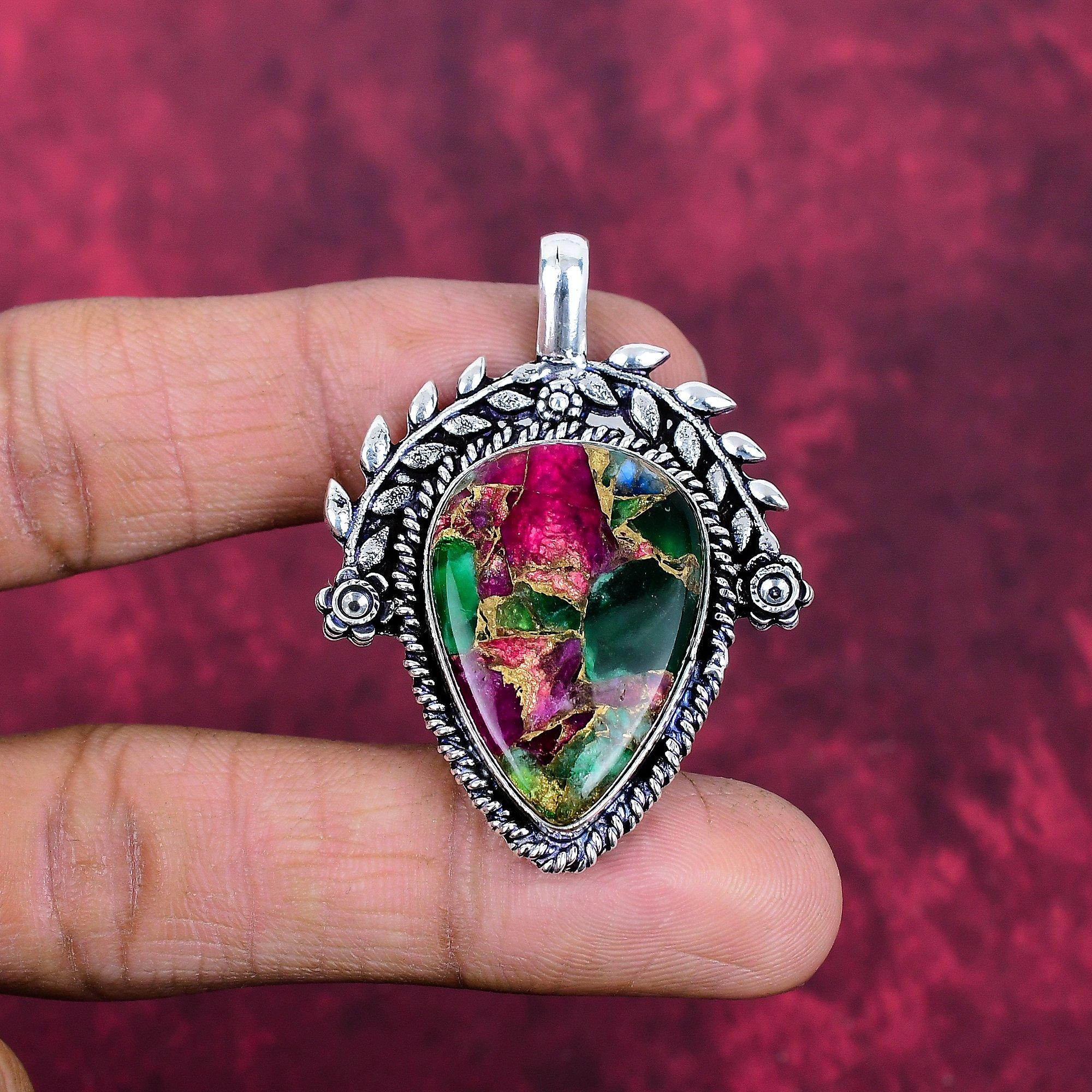 

Ювелірні вироби з дорогоцінним камінням, кулон з рубіновим цоїзитом, кулон із суцільного срібла 925 проби ручної роботи, ювелірні вироби останнього дизайну 1.77 Inches