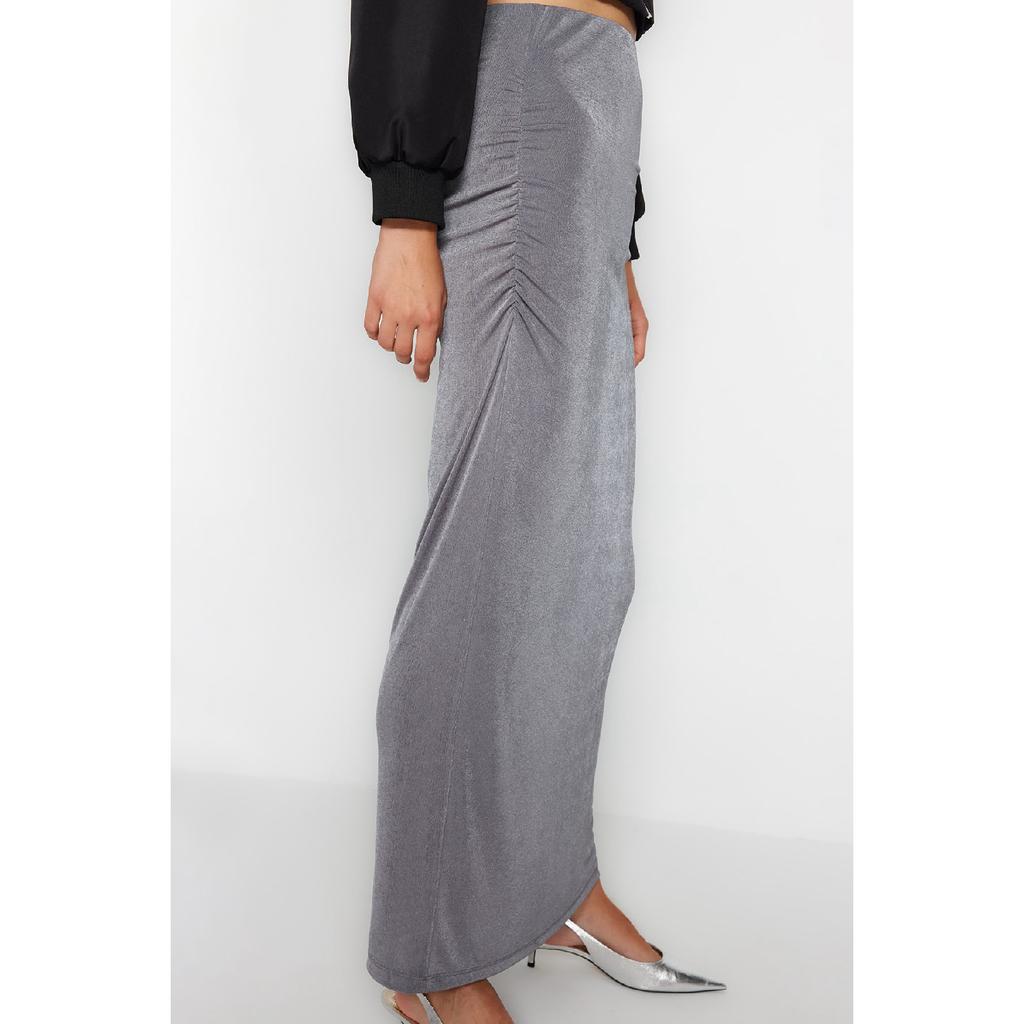Navy Blue Premium Shiny Surface And Soft Textured Draped Maxi Knitted Skirt Twoaw24et00090