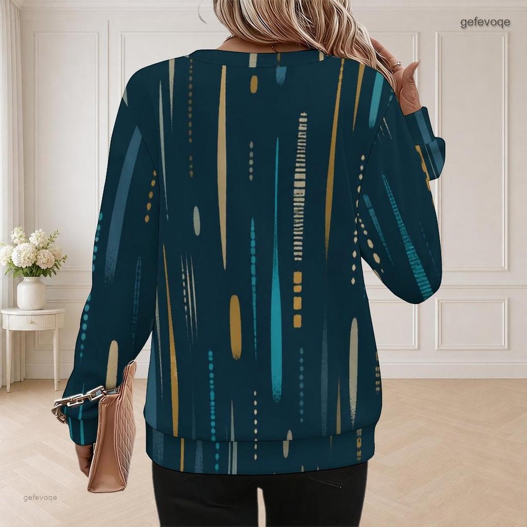 Women Plus Size Round Neck Long Sleeve Abstract Printed Ribbed Cuffs Pullover Sweatshirt