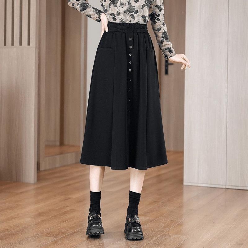 Damen Elastischer Bund Midi Rock - Frühling/Herbst Stil, Lässige Schlanke Passform mit Taschen