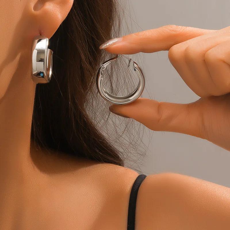 Fashion Stainless Steel Smooth Metal Chunky Hoop Earrings for Women Vintage Round Circle Drop Earrings Trendy Party Jewelry
