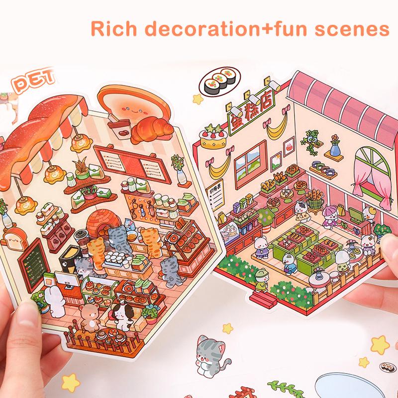 1Set Cute Three-Dimensional Handbook Stickers Miniature Scene Stickers Cartoon Pocket Cabin Scene Stacking Pasting Stickers