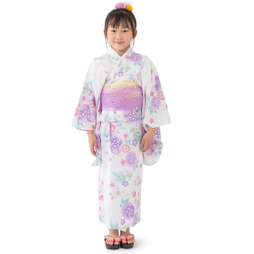 

set with flowers 401 130cm [Kyoto Miyabi] Girls Yukata/Obi 2-piece White/Goldfish