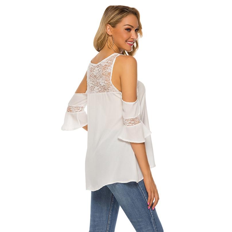 Women's Fashion Casual Round Neck Off-shoulder Lace Stitching Flared Short-sleeved Top