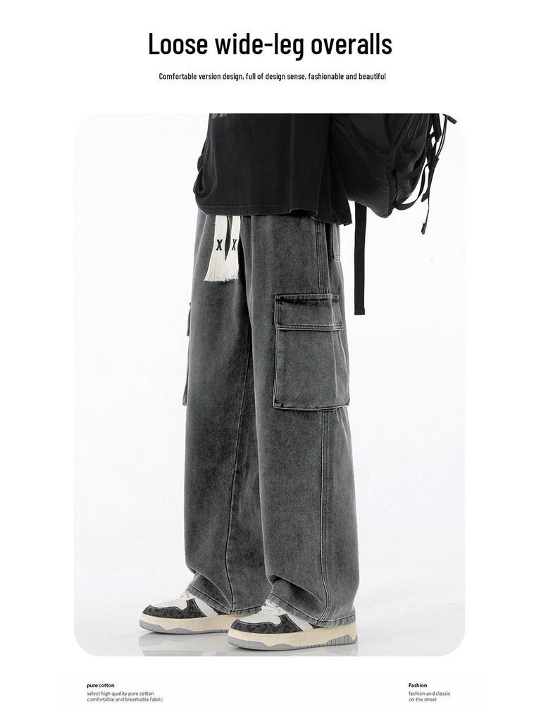 Men's Retro Wide-Leg Multi-Pocket Jeans - Spring/Fall Casual Workwear Pants
