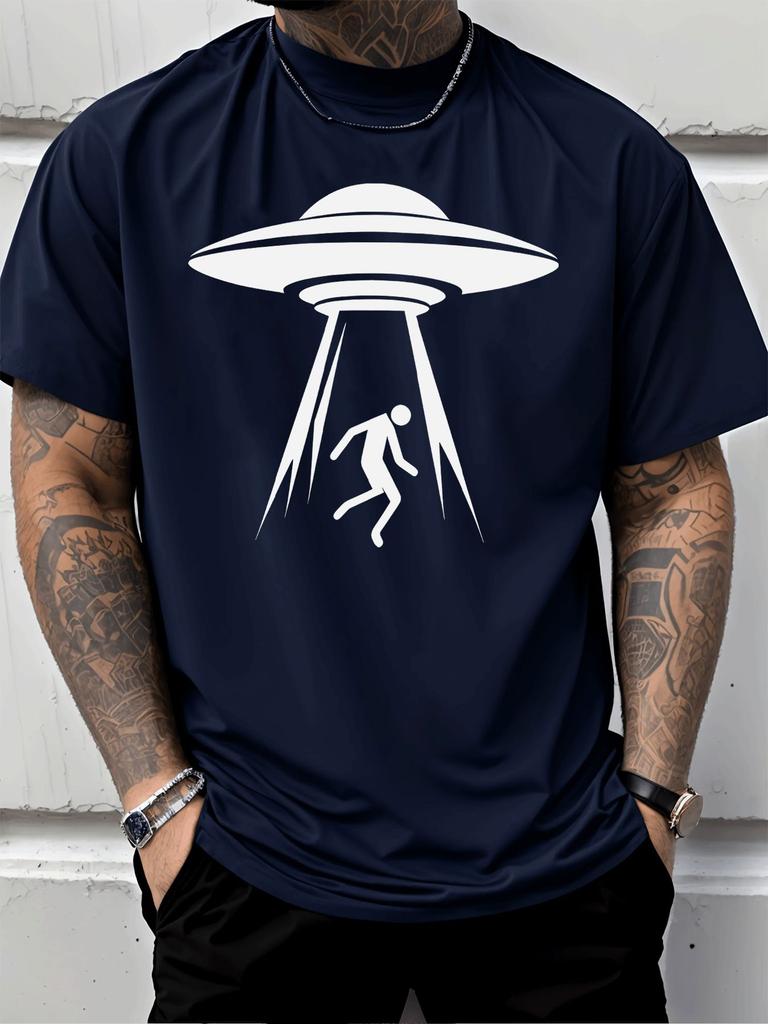 2026 New Unisex Royal Blue Crew Neck Tee White UFO Alien Abduction Silhouette Flying Saucer Space Sci Fi Graphic Casual Cotton Tops