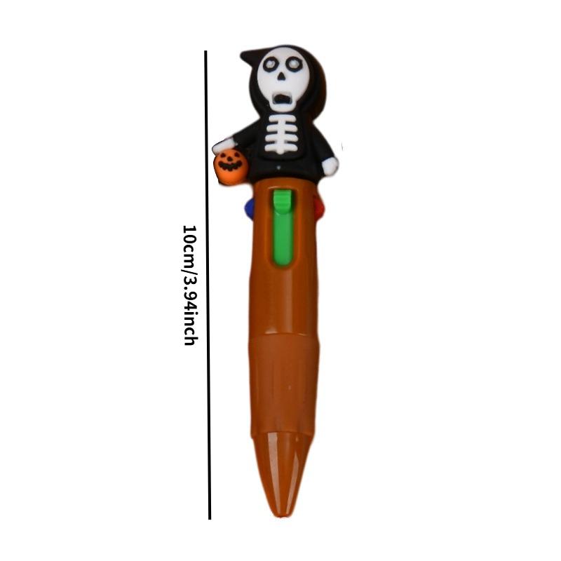 23 Pcs Halloween Four-Color Retractable Ballpoint Pens, 3D Skeleton With Pumpkin Candy Bucket Topper,Cartoon Student Stationery, Halloween Gifts