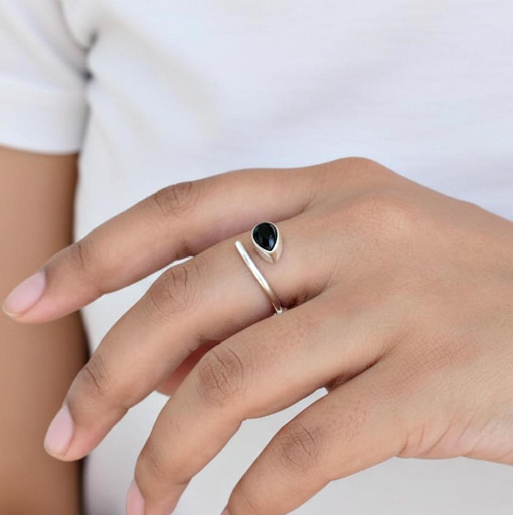 Black Onyx Pear Shape Stacking Ring, 925 Sterling Silver Jewelry, Handmade Minimalist Adjustable Ring