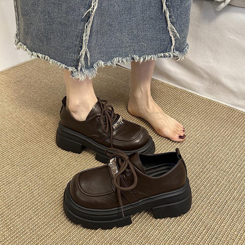Thick-soled black small leather shoes women's 2025 spring new heightening lace-up British style retro versatile loafers single shoes