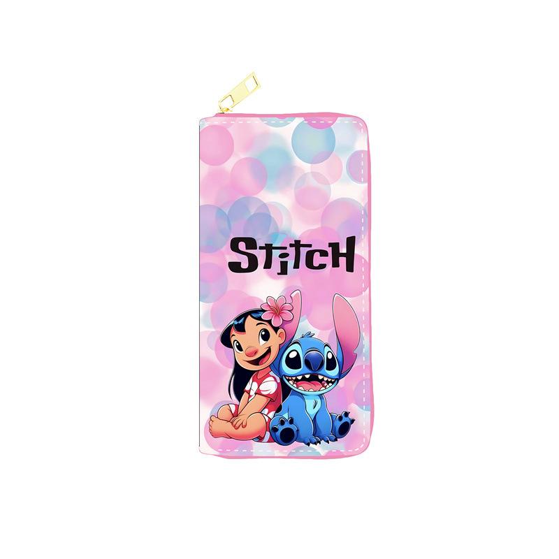 Stitch PU Long Wallet Student Zip Coin Purse Anime Makeup Bag Passport Holder Blue 3pcs