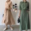 Japanese Style 2026 Autumn Women's Casual Long Sleeve Drawstring Shirt Dress with Pockets