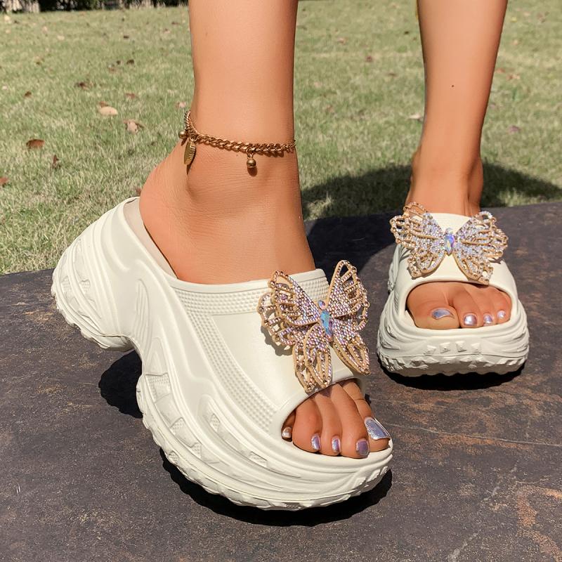 Fashion Glitter Butterfly Decoration Chunky Platform Eva Slippers Women Wedge High Heel Slides Women Thick Bottom Soft Cloud Slippers