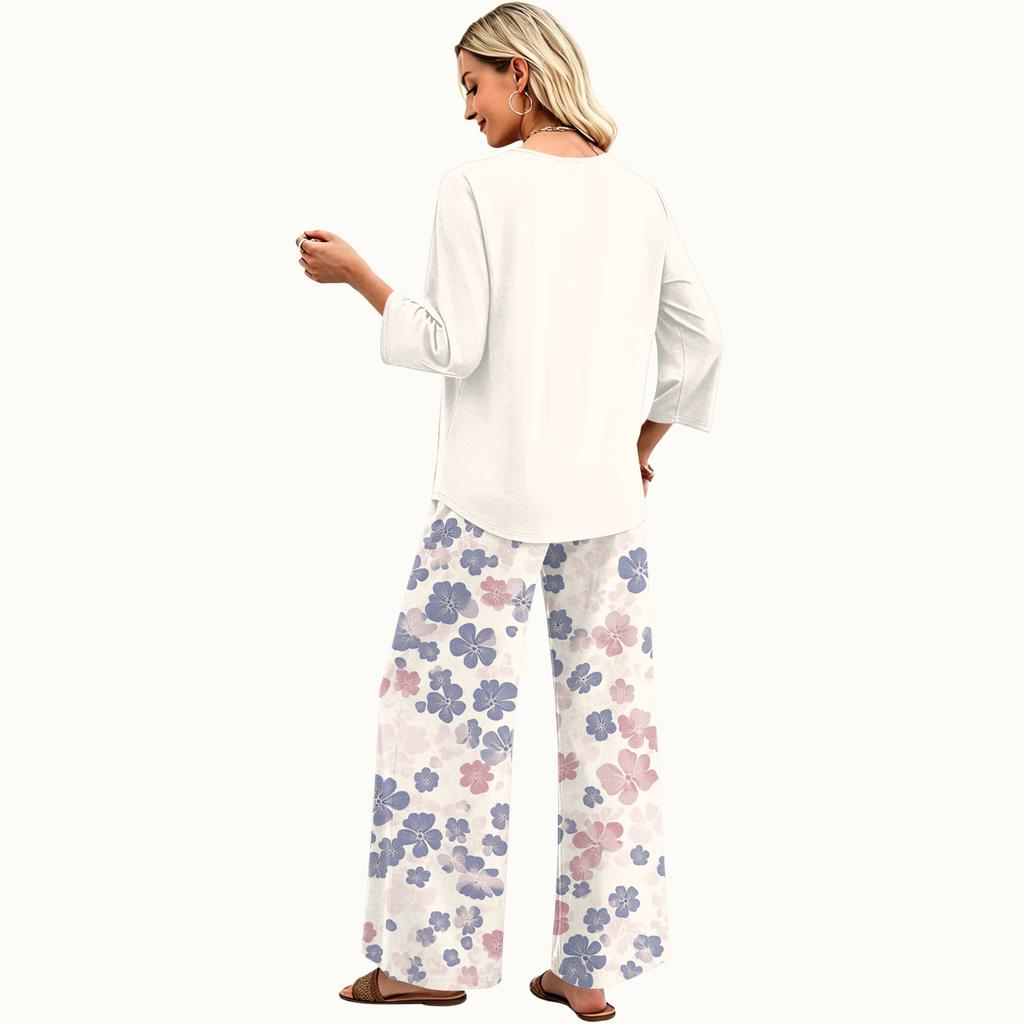 Women's Casual Two Piece Set Loose Fit Round Neck Top with Three Quarter Sleeves and Wide Leg Printed Pants Lounge Wear Set