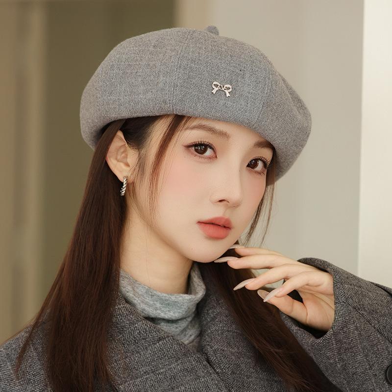 Spring and Autumn Hat Women's Retro British Style Beret Big Head and Face Show Little Painter Hat Versatile Bow Postman Hat