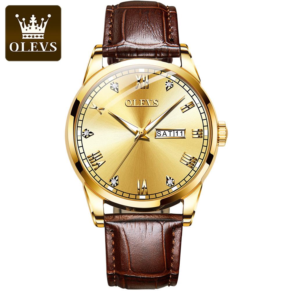 OLEVS 6896 Men Quartz Movement Watch Fashion Diamond Roman Index Leather Strap HD Luminous Function Waterproof Calendar Watch