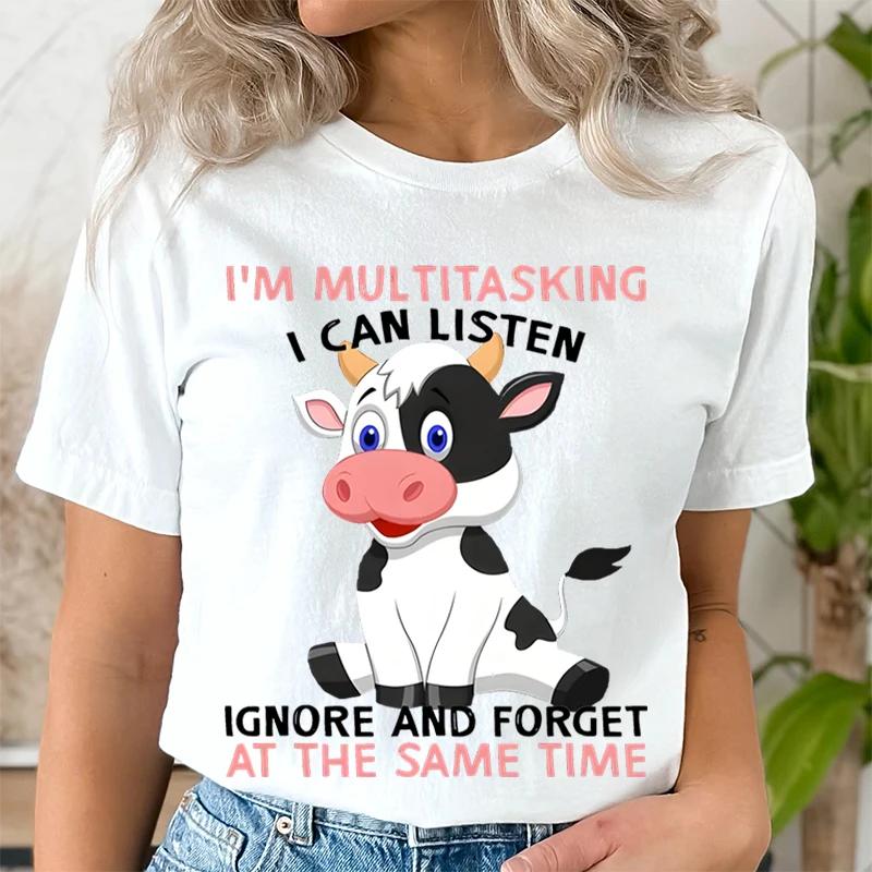 Litter Cute Cow Print Short Sleeved Tshirts IM MULTITASKING Graphic Tshirts Women Crew Neck Womens Tshirt Summer Casual Tops M