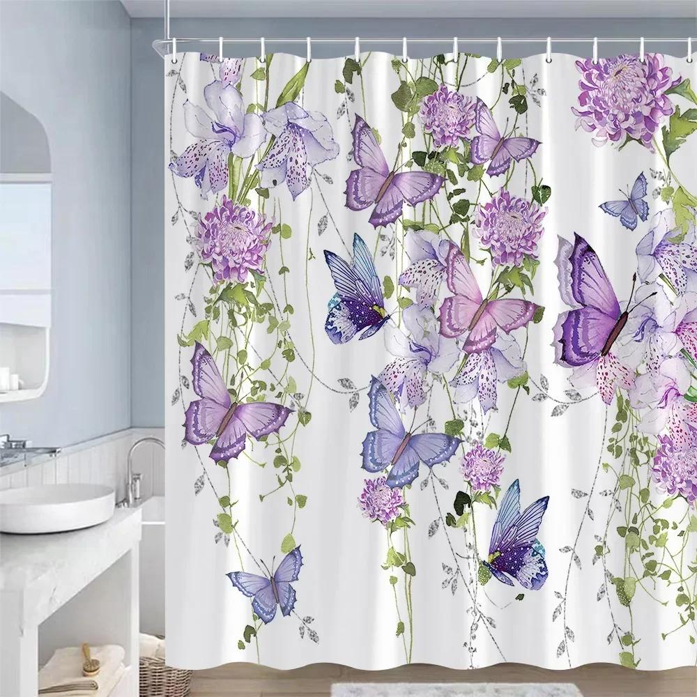 Rustieke Bloemen Douchegordijnen Vlinder Aquarel Bloemen Planten Paars Lavendel Badkamer Gordijn Polyester Decoratie Met Haken