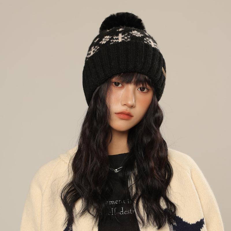 Hat Women's Fashion Snowflake Range Knitted Wool Hat Autumn and Winter Windproof Warm Casual Hat