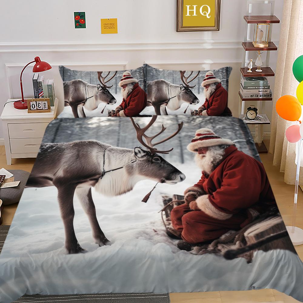 Jultomte Älg 3D-tryckt Polyester Örngott Täcke Två- eller Tredelat Set Tillgängligt