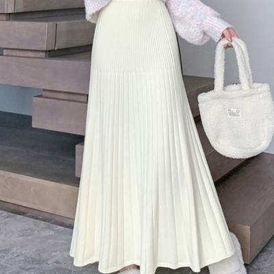 Women's Autumn Winter Knitted Pleated Midi Skirt with A-Line and Fishtail Hem